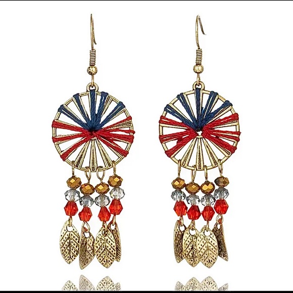 Hand Crafted Jewelry - FERRIS WHEEL Southwestern pinwheel DANGLE earring gold feather leaf dangling